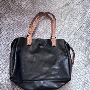 Nicole Miller black with brown leather strap tote purse